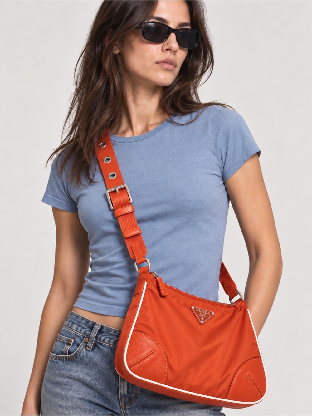 Auth Prada Orange white color block Nylon leather messenger Cargo strap Hobo Bag